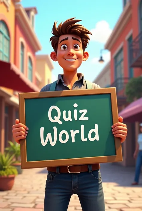  Tom with a board where is written Quiz world