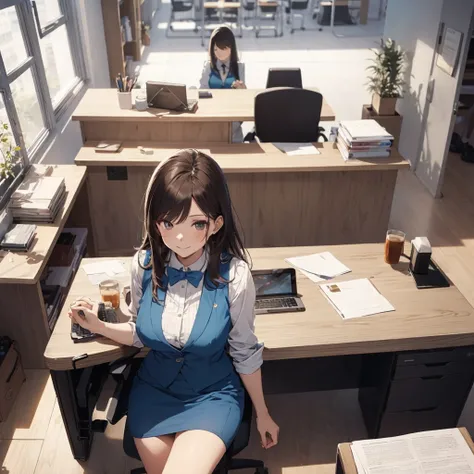 1lady solo, sitting, (from above), office worker, ((blue vest) over white dress shirt), mature female, /(dark brown hair/), kind smile, (masterpiece best quality:1.2) delicate illustration ultra-detailed, large breasts,bowtie BREAK (modern office) indoors,...