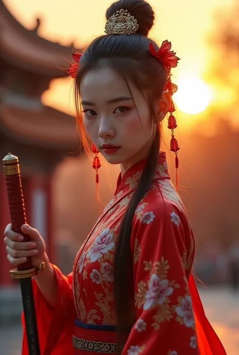 best quality, 8k, very delicate and beautiful, highly detailed face and skin texture, shiny skin, high resolution, beautiful chinese female swordsman wearing chinese traditional costume with sword at chinese temple at sunset, full body, sharp focus