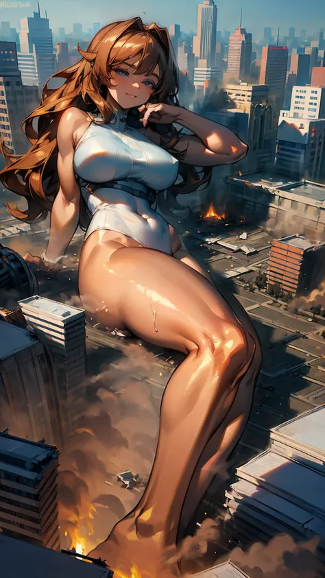 Giantess ((sexy and powerful Woman)), towering presence, (masterpiece, best quality), sultry expression, (real picture, intricate details), (1 lady, solo, voluptuous body), long flowing hair, seductive eyes, (voluptuous curves, tan skin), (bikini, skimpy s...