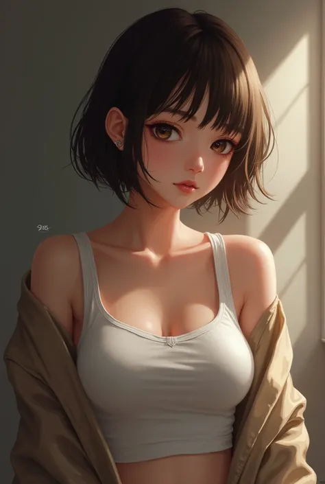 T-shirt, topless,  coat, , (photorealistic:1.4), (best quality:1.0), (ultra highres:1.0), 8k, RAW photo, (masterpiece:0.2), , zydG, 1girl, detailed skin, looking at viewer, brown eyes, (short hair with bangs:1.2), (large breasts:1.0), (large areolae:0.8), ...