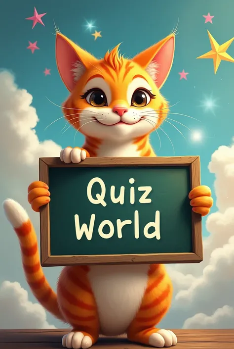 A cat with a board where is written Quiz world