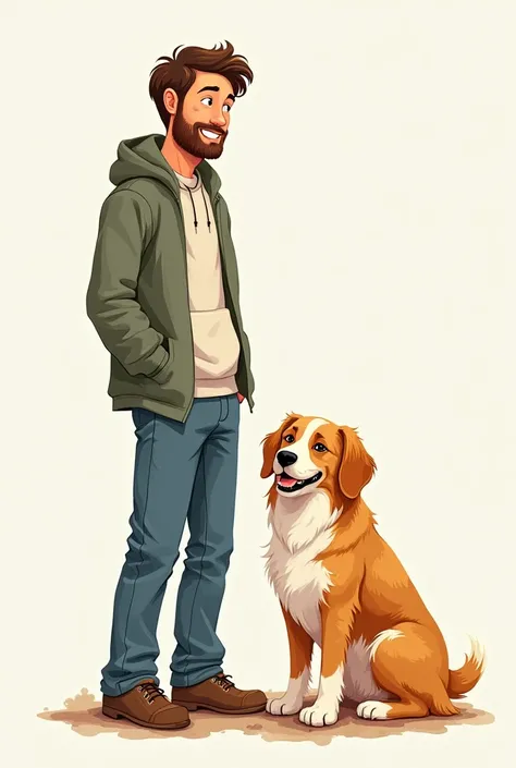 A calm and happy man standing, next to a sitting dog that is happy, with a cheerful background, that it is seen from afar and that it is a drawing, with a much more formal drawing style and a much more worked background