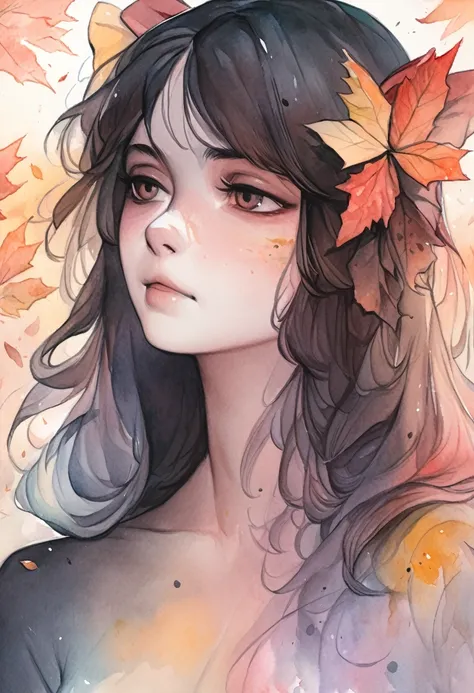 (8k, best quality, masterpiece:1.2),(best quality:1.0), (ultra highres:1.0), watercolor, a beautiful woman, shoulder, hair ribbons, by agnes cecile, half body portrait, extremely luminous bright design, pastel colors, (ink:1.3), autumn lights,