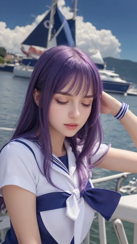 European girl.  Facial details.  Delicate facial features.  Half-closed eyes.  blue eyes.  Long Straight Hairstyle. Purple Hair.  A calm face. ((Sexy pose)). (Sailor Suit Costume). Beautiful thighs. Beautiful bust. Beautiful background. 