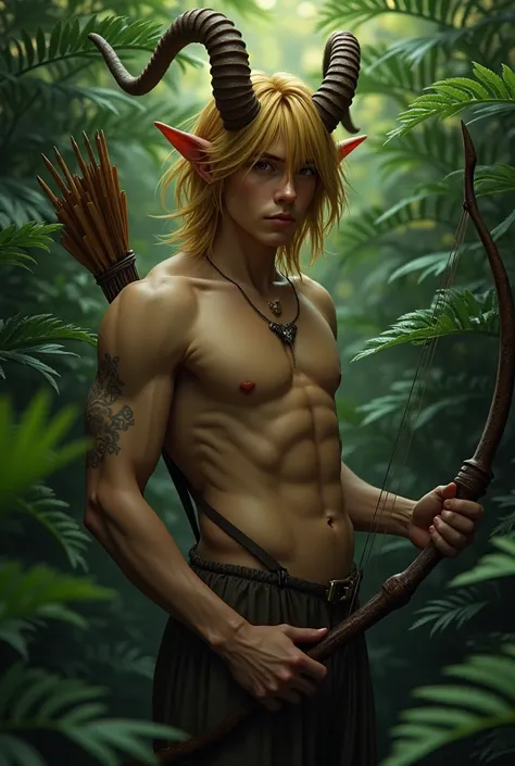 photorealism. A satyr lurked in the thick, dark thickets of fern leaves.. The satyr has waist-length yellow hair and a side bang. Very small horns. His legs are always completely covered with brown fur and always have hooves.. The satyr has a bare torso wi...