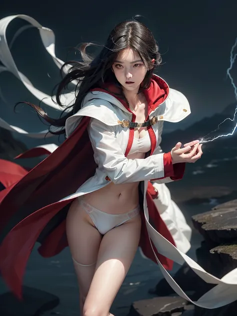 (Absurd, High resolution), 16K, (Panorama), Japanese 18 years old, 1 person, strict, Dark green eyes, Open your arms, Short right swept dandy black hair, White coat, White underwear, Very detailed, lightning, magic, magic Array, Exaggerated light, Shine, m...