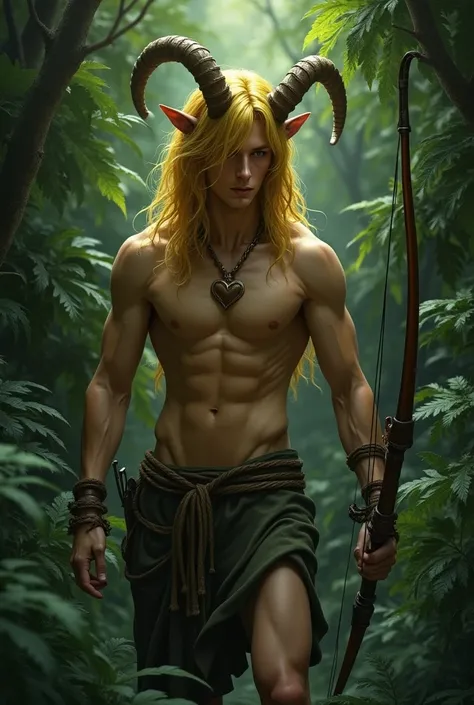 photorealism. A satyr lurked in the thick, dark thickets of fern leaves.. The satyr has waist-length yellow hair and a side bang. Very small horns. His legs are always completely covered with brown fur and always have hooves.. The satyr has a bare torso wi...