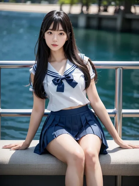 Sailor suit、Navy blue pleated skirt 、(Highest quality)、((Very detailed))、4K、(8k)、masterpiece、Very detailedな、Highest quality、Super Resolution、1 person、Kind Face、Soft Light、RAW quality、Soft Skin、163cm、28 years old、Show off your thighs、Textured skin, red face...