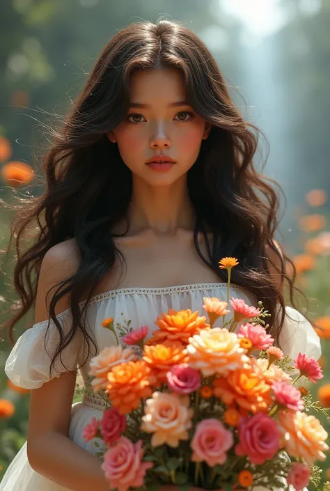 A cyberrealistic  with big dark brown Lucious wavy hair dressed as flower girl holding a bouquet 