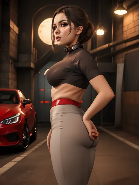 A young (( MerrinJS MerrinJFO )), wearing a tight, fitted metal collar wearing (tight, fitted, snug) high cut booty shorts and cropped shirts stands between two (powerful, sleek) Muscle Cars to start a race, engine roaring, in the backdrop of a vibrant Sun...