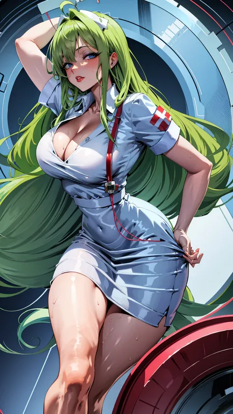 nurse outfit, sweaty cleavage, long green hair, blue eyes