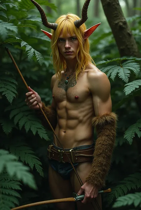 photorealism. A satyr lurked in the thick, dark thickets of fern leaves.. The satyr has waist-length yellow hair and a side bang. Very small horns. His legs are always completely covered with brown fur and always have hooves.. The satyr has a bare torso wi...