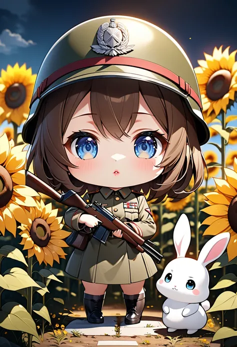 (Super Chibi Style Girl:1.5), messy brown hair, beautiful detailed eyes, beautiful detailed lips, extremely detailed face and features, wearing an old German military helmet and uniform, holding a detailed rifle, standing in a sunflower field, looking at a...