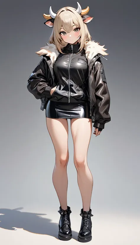 (masterpiece, best quality:1.2), 1 girl, solo, full body, (anthropomorphic Cow, kemono:1.2), Black Leather made from cowhide Jacket and mini skirt, stylish, simple background