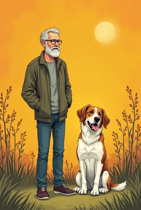 A calm and happy man standing, next to a sitting dog that is happy, with a cheerful background, that it is seen from afar and that it is a drawing, with a much more formal drawing style and a much more worked background, that it is like for the cover of a ...