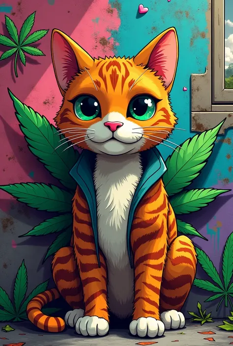 Marijuana leaf background, teenage style, Graffiti, bright color tones, Bad cat