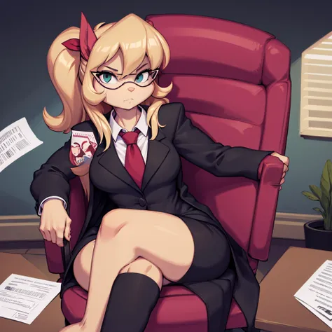 Callie Briggs sitting in an office in a black suit and red tie sitting in a chair in front of a desk reading some papers