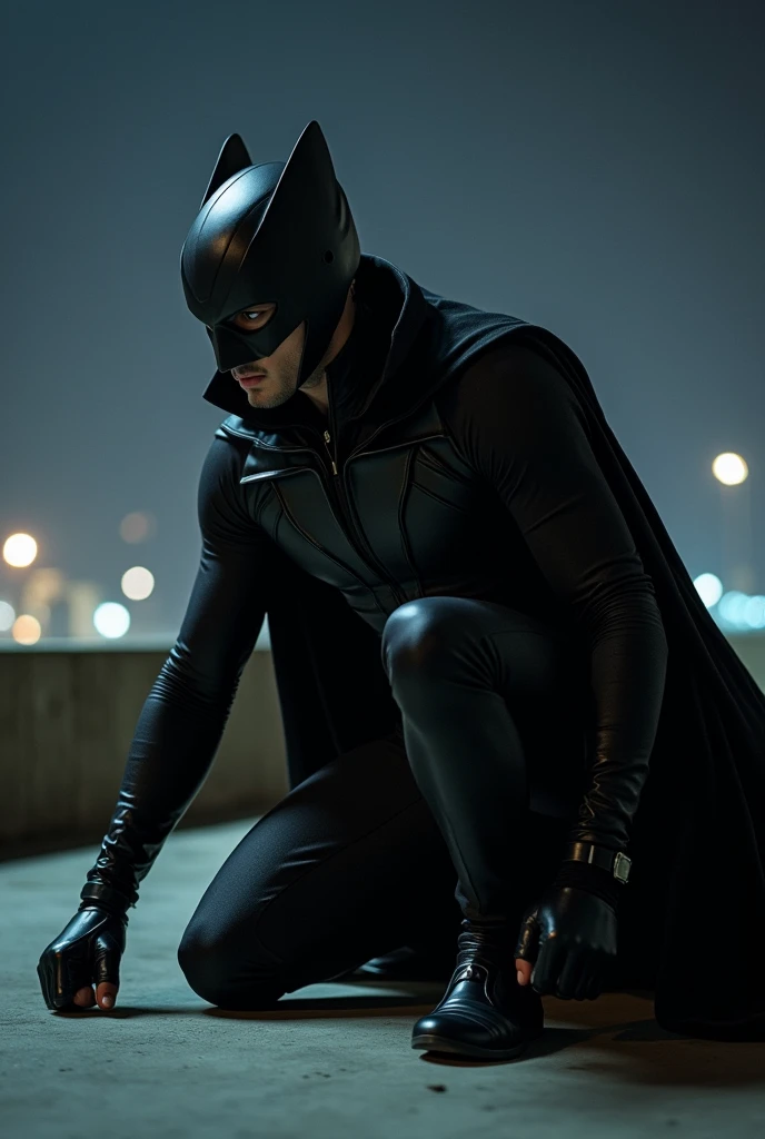 Krrish, the Indian superhero, is captured in a powerful superhero landing pose on a rooftop at night. He has one knee and one fist touching the ground, his head slightly bowed, with his long black coat billowing behind him. His black, form-fitting costume ...