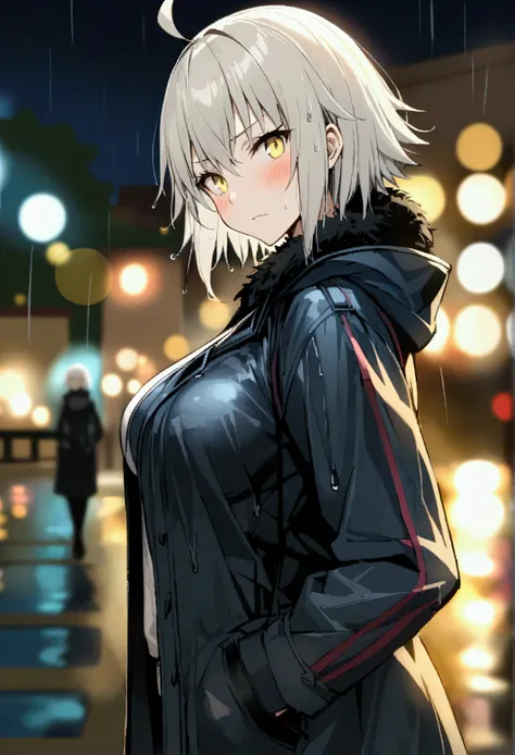 Twi、One girl、Jeanne dArc Alter (Fate)、chest、Yellow Eyes、Wet、solo、Jeanne dArc Alter (Avenger) (Fate)、rain、Ahoge、Short Hair、blush、coat、Watching the viewer、night、Wet clothes、Grey Hair、Outdoor、Big Breasts、From the side、黒いcoat、Blurred Background、blurred、Long sl...