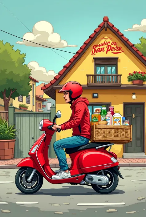 Freehand 2D drawing of a red delivery motorcycle with groceries and milk, cereal and bottled drinks, Behind her a house with a triangular roof and below the letters Deposito San Pedro in animated style