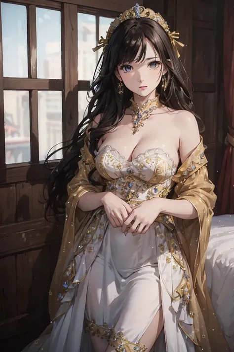 ((no background:1.0)), (cowboy shot), best quality, masterpiece, Solo, detailed beautiful lady, large breasts, open neckline, yellow dress, frill maxi dress