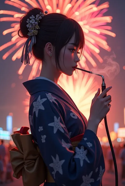 
yukata　Shisha sucking　Adult beauty　Exhale smoke　Hookah　Looking straight ahead　Hold the raw hose in your right hand　Fireworks in the background