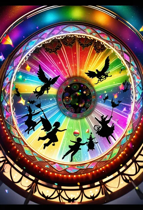 fusion of merry-go-round kaleidoscope magic circle, puppet show made of black shadow puppets, colorful colors, shading effects, gradation magic effects, foggy filter effects, glitter effects, (ultra detailed, absolutely resolution, best quality:1.3), 2.5D,...