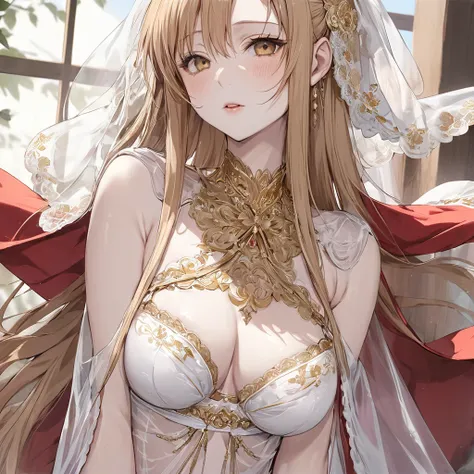 ((Highest quality)), ((masterpiece)), (detailed), （Perfect Face）、The woman has completely white skin and is wearing a creepy clown mask.、The woman is Yuuki Asuna, with light brown, medium-long hair, wearing a completely transparent outfit with gorgeous gol...