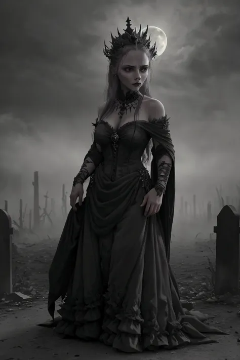 a ghostly queen of the dead, thorny crown, cemetery, full moon, dark fantasy, dramatic lighting, detailed face and eyes, long fl...