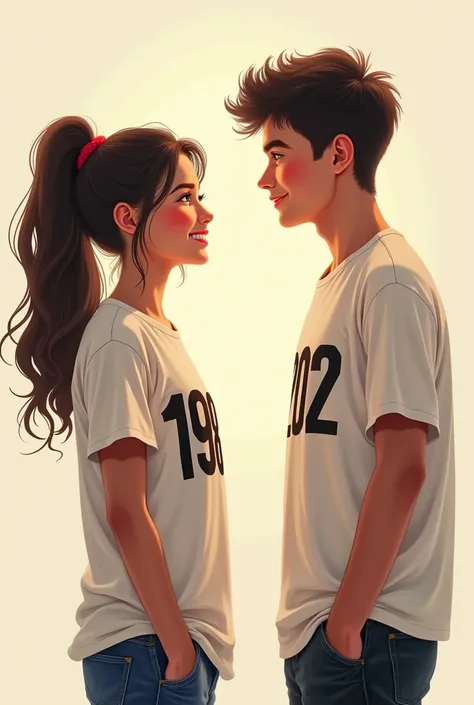 A young woman wearing a shirt with the number 1998 with a young man wearing a shirt with the number 2002, looking at each other face to face 