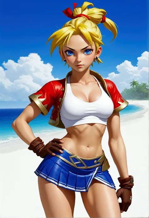 (promotional art), (whole body view:1.25), (kid from chrono cross), yellow hair in high ponytail braid, sapphire blue eyes, very...