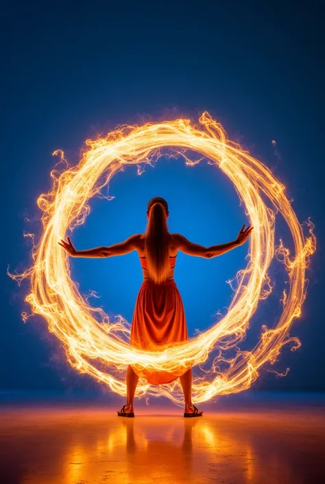 Blue background with gold, flames of fire and Fire Hoop