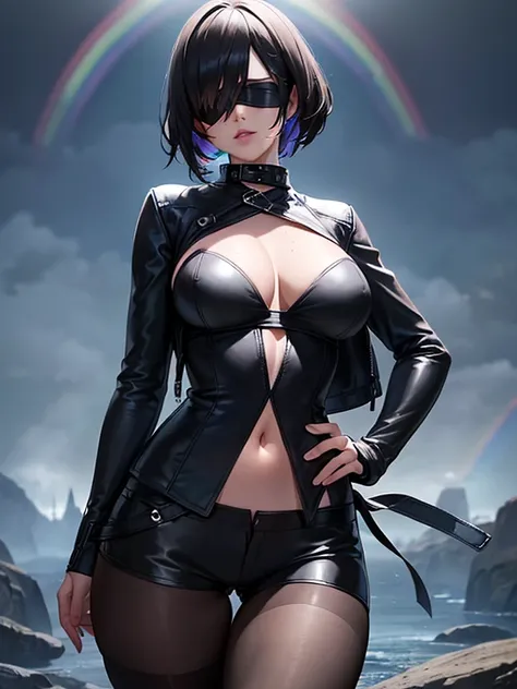 (((Wearing Black Leather Jacket:1.5, Wearing Black Leather shorts:1.1, Wearing Slightly open sheer shirt:1.1, Black knee-length pantyhose:1.1))), highly detailed, Nier Automata character 2b Face, silver short hairstyle, Asymmetrical bangs, ((blindfold, bla...