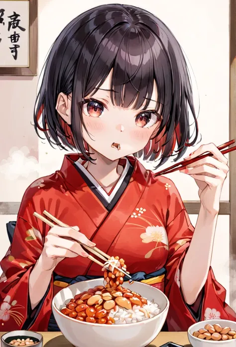 illustration of a girl in a red kimono eating natto rice with chopsticks、black hair bob cut