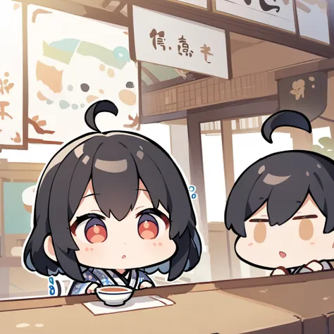 a girl in a kimono at a tea shop offers japanese tea、chibi character、ahoge、black hair、close-up