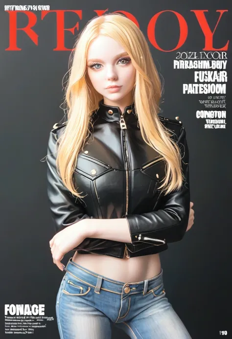 magazine cover,blonde long hair doll(wearing black leather jacket),small jeans,(white skin),e7e48u