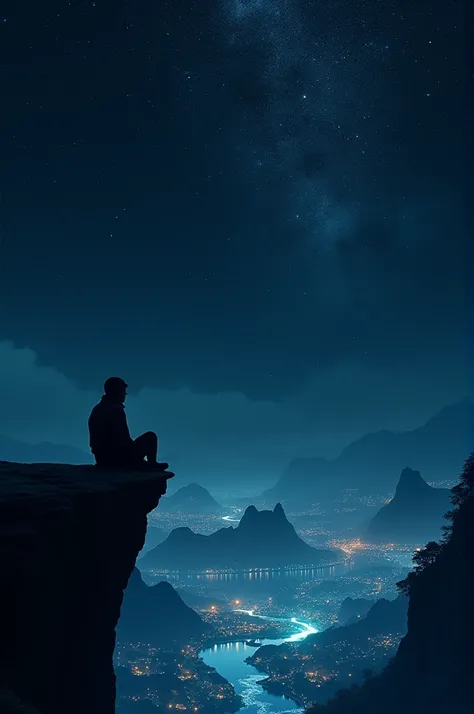 A cover with a dark background of a person sitting on a cliff watching paradise at night 