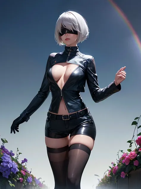 (((Wearing Black Leather Jacket:1.5, Wearing Black Leather shorts:1.1, Wearing Slightly open sheer shirt:1.1, Black knee-length pantyhose:1.1))), highly detailed, Nier Automata character 2b Face, (((silver short hairstyle))), Asymmetrical bangs, ((blindfol...