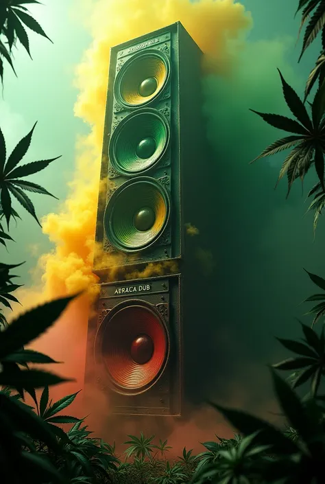 Giant speaker with several speakers colored in the colors of Jamaica, with smoke coming out with marijuana leaves written ABRACA DUB 