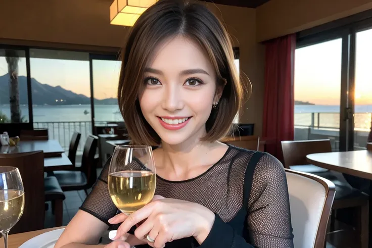 （Realistic:1.1）,(masterpiece,Highest quality)，8k,(49 years old), 53 years old, ベリーslimボディ、slimカップル、Tight waist,Upper Body,full-course dinner、wine 、Amazing view of the sunset sky and clouds、Perfect Anatomy, Brown Hair, short hair,Random Hairstyles,((Highly ...