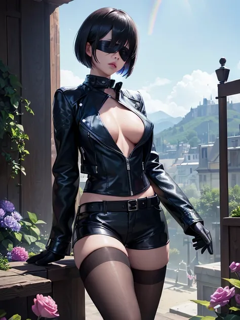 (((Wearing Black Leather Jacket:1.5, Wearing Black Leather shorts:1.1, Wearing Slightly open sheer shirt:1.1, Black knee-length pantyhose:1.1))), highly detailed, Nier Automata character 2b Face, (((silver short hairstyle))), Asymmetrical bangs, ((blindfol...