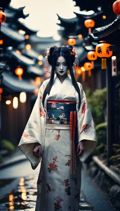 Steampunk Japanese Town、There are a lot of monsters behind、Full Body Shot、Horror-themed movie stills,、Calm, A female yokai with long hair wearing a pure white wedding kimono,（Head size 1:４) (Full body portrait:1.3), (Detailed evil face of a woman:1.4), I a...