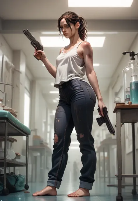 19 y.o., 1 girl, Claire Redfield, very small breast, detailing face, detailing body, big hips, small ass, brown hair, cute, detailing face, source_anime, large laboratory, white tank- top, oversized tank-top, black jeans, barefoot, dirty skin, wounds, brui...