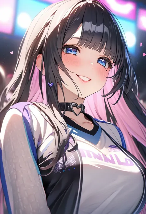 One Girl、My name is Mei、Gazing at the audience。
Beautiful Blue Eyes、Black Hair、Pink striped hair、bangs、Shoulder-length hair、Mole under the eye、Plump and glossy lips、Heart-shaped choker、Idol、smile、ー、。。。。。。。。。。。。。。。。。。。。。。。。。。。。。。。。3d、Genuine、
dance team uni...