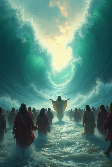 Picture of the Israelites passing through the parted sea,  Lord Jesus who is parting the sea