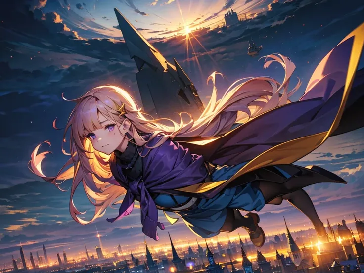 A huge city in the sky, A town above the clouds, A floating school city, you can see the horizon, There is a city below,A girl１people, Purple Eyes, Golden Hair