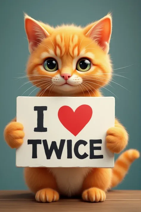 Orange cat holding a sign that says I love twice