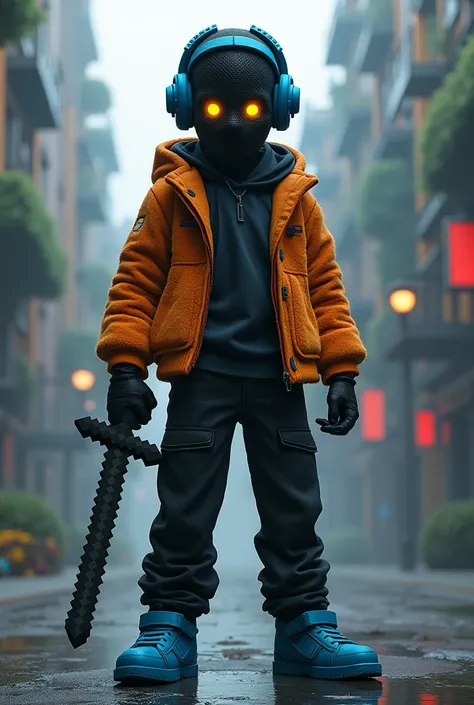 A teenage boy wearing a black shirt, black pants, blue shoes, an orange jacket and a blue headset, wearing a black mask and yellow eyes, and is in Minecraft, but his skin is a city and he is holding a sword. 
