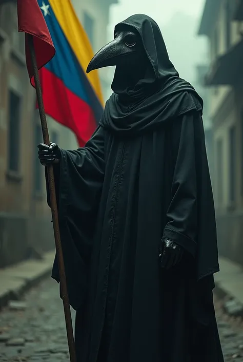 Man in robe with black plague mask, holding a Venezuelan flag